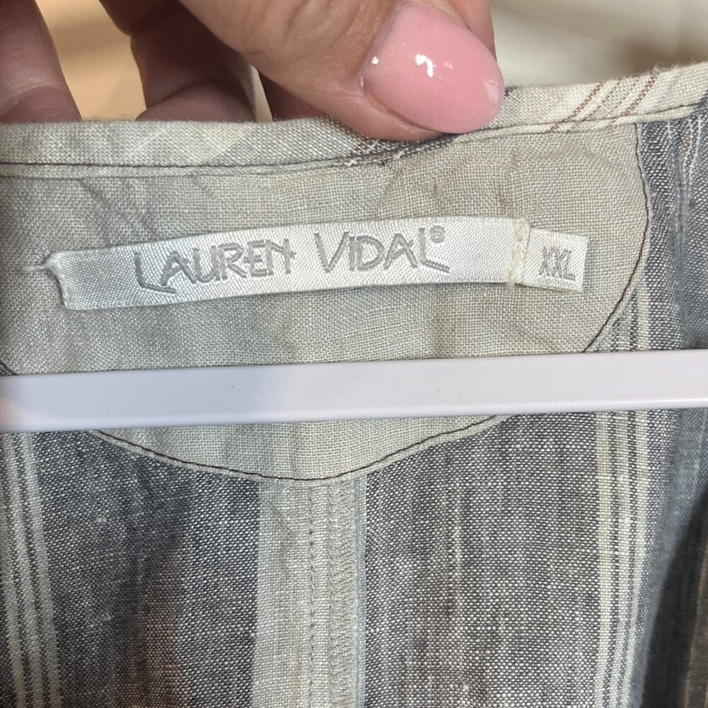 Lauren Vidal LINEN Grey Striped Sleeveless Tank Top Tunic Asymmetrical Lagenlook - Picture 2 of 10